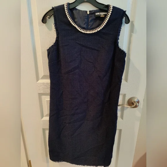 karl lagerfeld blue tweed dress Karl Lagerfeld Red and Blue Tweed Dress V-Neck